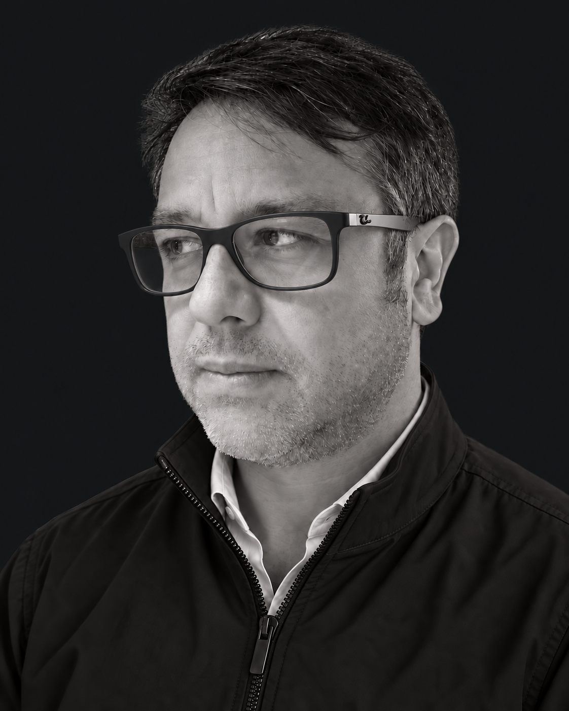 Retrato de Alexander Osses en blanco y negro, con gafas y chaqueta negra